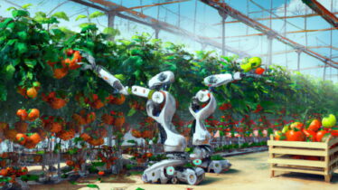 온실 디지털 아트에서 토마토를 따는 Dall E 로봇