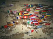 유럽 연합 지도에는 국가의 깃발이 있습니다.유럽3d 그림